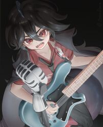  1girl :d akami_chiyo black_background black_hair black_necktie braco commentary_request earrings electric_guitar fins fish_girl fish_skeleton_earrings fish_tail guitar head_fins highres holding holding_guitar holding_instrument holding_plectrum indie_virtual_youtuber instrument jewelry microphone necktie open_mouth playing_guitar playing_instrument plectrum red_eyes red_shirt sharp_teeth shirt smile solo spanish_commentary tail teeth twitter_username upper_teeth_only virtual_youtuber 