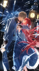  1boy 1girl aerial_fireworks arm_around_shoulder bag black_choker black_pants blue_coat blue_dress blue_eyes brown_hair character_request choker coat commission copyright_request couple dress elizabeth_tower eye_contact face-to-face feet_out_of_frame fireworks fur-trimmed_dress fur_trim hair_between_eyes hand_in_pocket hand_up happy_birthday hetero highres holding holding_stuffed_toy lamppost light_particles london long_hair long_sleeves looking_at_another mayoumei_zi mihuashi_commission night open_clothes open_coat open_mouth outdoors pants plaid_clothes plaid_dress profile red_hair shirt short_hair shoulder_bag sparkle standing stuffed_toy very_long_hair white_bag white_shirt 