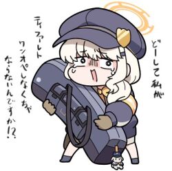  1girl aoba_(blue_archive) bag blue_archive blue_hat blue_jacket blue_socks brown_gloves chibi commentary crying crying_with_eyes_open gloves halo hat holding holding_bag jacket long_sleeves lowres newsboy_cap nyaru_(nyaru_4126) open_mouth puffy_long_sleeves puffy_sleeves simple_background socks solo tears translation_request turn_pale white_background 