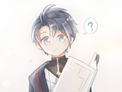  1boy ? aeon_(shining_nikki) black_shirt blue_coat blue_eyes blue_hair chinese_commentary closed_mouth coat commentary_request confused hair_between_eyes hood hood_down hooded_coat interruption_(echo-023) jacket light_blush light_frown light_particles looking_at_viewer male_focus messy_hair nikki_(series) open_clothes open_coat plaid_clothes plaid_jacket reading shining_nikki shirt short_hair simple_background solo spoken_question_mark straight-on turtleneck turtleneck_shirt upper_body white_background white_jacket zipper 