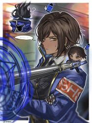  2girls ? armband bandaged_hand bandages black_jacket black_necktie blue_coat brown_eyes brown_hair bullet buttons chibi coat collared_coat collared_shirt commentary dark-skinned_female dark_skin der_freischuetz_(project_moon) dual_persona e.g.o_(project_moon) earrings gameplay_mechanics gloves gold_trim gun hand_on_own_arm high_collar highres holding holding_gun holding_weapon jacket jewelry latorta_il limbus_company lobotomy_corporation_(identity)_(project_moon) long_sleeves looking_at_another looking_to_the_side magic_bullet_(e.g.o) magic_circle multiple_girls necktie open_clothes open_coat orange_armband outis_(project_moon) project_moon rifle shirt short_hair sidelocks suit_jacket sweatdrop untranslatable_commentary weapon white_gloves white_shirt 