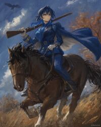  1girl absurdres animal artist_name belt bird black_shoes blue_coat blue_eyes blue_hair blue_jacket blue_necktie blue_pants blue_shirt bridle buttons clouds coat coat_on_shoulders collared_shirt commentary_request double-breasted ear_chain expressionless floating_clothes floating_hair gloves gun hair_intakes highres holding holding_gun holding_reins holding_weapon hololive hololive_english horse horseback_riding jacket jellyfish_cut linked_piercing long_coat long_hair looking_afar looking_to_the_side medal nature necktie ouro_kronii ouro_kronii_(4th_costume) outdoors over_shoulder pants piercing raitzink reins riding rifle saddle shirt shoes silhouette sky solo stirrups_(riding) tree turning_head twitter_username two-sided_coat two-sided_fabric virtual_youtuber weapon weapon_over_shoulder white_gloves 