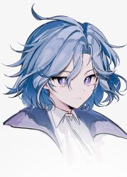  1boy absurdres blue_hair chinese_commentary closed_mouth collared_shirt commentary_request cropped_shoulders expressionless genshin_impact hair_between_eyes highres jacket lapels male_focus mitya_(genshin_impact) open_clothes open_jacket purple_jacket shirt short_hair simple_background solo tsurime violet_eyes white_background white_shirt wing_collar xingyuan611 