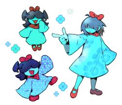  1girl 1other aqua_(deltarune) aqua_(deltarune)_(cosplay) aqua_flower aqua_skin aqua_theme blue_flower blue_hair bow colored_skin commentary cosplay deltarune english_commentary fang flower hair_bow hair_over_eyes highres iivynessa kris_(dark_world)_(deltarune) kris_(deltarune) mary_janes pointing red_bow red_scarf red_shoes scarf shaded_face shoes simple_background utdr_(toby_fox) white_background 