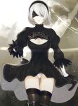  absurdres black_boots black_dress black_gloves black_hairband blindfold boots cleavage_cutout covered_eyes dress gloves hairband high_heel_boots high_heels highleg highleg_leotard highres juliet_sleeves leotard long_sleeves mole mole_under_mouth nier_(series) nier_automata pink_lips puffy_sleeves ribbed_dress scroll_lock_(scrool5) vambraces weapon_on_back white_leotard yorha_no._2_type_b 