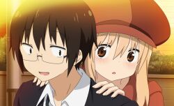  1boy 1girl :o black-framed_eyewear black_eyes black_hair black_jacket blonde_hair blush brother_and_sister brown_eyes collared_shirt doma_taihei doma_umaru game_asset glasses hands_on_another's_shoulders hat himouto!_umaru-chan himouto!_umaru-chan_himouto_ikusei_keikaku hood hood_down hoodie jacket long_hair looking_at_another newsboy_cap non-web_source official_art open_mouth outdoors portrait red_hat red_hoodie self-datamine semi-rimless_eyewear shirt short_hair siblings smile standing sunset under-rim_eyewear white_shirt 