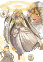  109780898 1girl :d alternate_eye_color alternate_hair_color arms_up barefoot blonde_hair casting_spell commentary_request dress elden_ring elden_ring_nightreign fangs full_body looking_at_viewer magic multiple_views open_mouth revenant_(elden_ring) smile white_dress 