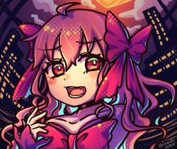  1girl :d ahoge bare_shoulders black_choker blush bow building choker city clouds dead_apostle_noel_(tsukihime) dress dress_bow fang hair_between_eyes hand_up isurugiratone long_sidelocks looking_at_viewer moon night noel_(tsukihime) open_mouth pink_bow pink_hair portrait purple_dress purple_sky purple_wrist_cuffs red_eyes sidelocks sky smile solo tsukihime tsukihime_(remake) two_side_up upper_body vampire wavy_hair wavy_sidelocks wrist_cuffs 