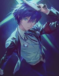  1boy arm_up armband belt black_jacket black_pants black_ribbon blue_eyes blue_hair blue_theme collared_shirt cropped double-parted_bangs evoker fajyobore gun hair_between_eyes handgun headphones headphones_around_neck highres holding holding_gun holding_weapon jacket long_sleeves looking_at_viewer male_focus neck_ribbon open_clothes open_jacket pants parted_lips persona persona_3 red_armband ribbon s.e.e.s school_uniform shirt solo suit_jacket weapon white_shirt wing_collar yuuki_makoto_(persona_3) 