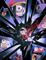  1other 3boys 3girls 3hkowalski animal_ears black_bow black_bowtie black_gloves black_hair black_pants blue_eyes blush_stickers bow bowtie bucket bucket_on_head button_eyes buttons caine_(the_amazing_digital_circus) chess_piece coat colored_sclera english_commentary english_text gangle_(the_amazing_digital_circus) gloves green_eyes hat heterochromia highres horns jax_(the_amazing_digital_circus) jester_cap jester_costume king_(chess) kinger_(the_amazing_digital_circus) looking_at_viewer mask multicolored_eyes multiple_boys multiple_girls object_on_head open_mouth overalls pants parted_lips pink_overalls pomni_(the_amazing_digital_circus) purple_fur rabbit_boy rabbit_ears ragatha_(the_amazing_digital_circus) red_coat red_hair red_ribbon ribbon teeth the_amazing_digital_circus top_hat triangle_nose two-tone_eyes two-tone_hat white_mask yellow_gloves yellow_sclera zooble_(the_amazing_digital_circus) 