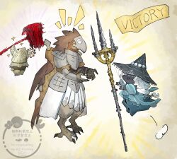  bell_bearing_hunter_(elden_ring) bird chibi commentary elden_ring elden_ring_nightreign guardian_(elden_ring) hat highres raider_(elden_ring) recluse_(elden_ring) siegmeyer_of_catarina simple_background witch witch_hat 