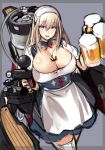  1girl alcohol alternate_costume anchor beer beer_mug bismarck_(kantai_collection) blonde_hair blush breasts cleavage cleavage_cutout dirndl dress female german_clothes hairband huge_breasts kantai_collection large_breasts long_hair looking_at_viewer mecha_musume oktoberfest open_mouth pink_eyes smile solo thigh-highs tray wamwam zettai_ryouiki 