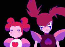  2girls absurdres closed_eyes colored_skin commentary_request dual_persona gem gem_(steven_universe) heart highres homeworld_gem_uniform long_hair multiple_girls pink_eyes pink_hair pink_skin pnkeki puffy_short_sleeves puffy_sleeves short_sleeves shoulder_pads_(fashion) simple_background smile spinel_(original_form)_(steven_universe) spinel_(steven_universe) steven_universe steven_universe:_the_movie twintails 