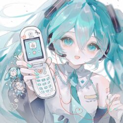  1girl aqua_eyes aqua_eyeshadow aqua_hair aqua_nails aqua_trim arm_tattoo baba_nu_wang black_sleeves cellphone character_charm charm_(object) chinese_commentary collared_shirt commentary_request detached_sleeves double-parted_bangs eyelashes eyeshadow flip_phone hair_between_eyes hatsune_miku headset heart heart_of_string highres holding holding_phone light_particles long_hair looking_at_viewer luo_tianyi makeup open_mouth phone shirt simple_background sleeveless sleeveless_shirt smile tattoo twintails upper_body vocaloid vsinger_(vocaloid) white_background white_shirt 