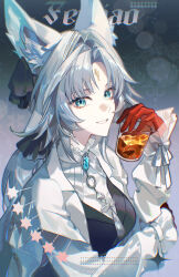  1girl alternate_costume animal_ear_fluff animal_ears aqua_eyes aqua_gem character_name commentary cup drinking_glass feixiao_(honkai:_star_rail) forehead_jewel fox_ears fox_girl gem gloves grey_hair hair_ornament hand_up highres holding holding_cup honkai:_star_rail honkai_(series) lokonity long_hair long_sleeves looking_at_viewer red_gloves shirt smile solo untranslatable_commentary upper_body very_long_hair watermark weibo_watermark wine_glass 