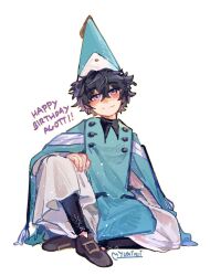  1girl agott_arklaum_(tongari_boushi_no_atelier) aqua_cloak birthday blush buttons cloak conical_hat curly_hair full_body hand_on_own_thigh happy_birthday hat knee_up long_sleeves myuminji pants purple_hair qifrey's_atelier_apprentice_uniform shoes short_hair simple_background sitting smile solo tassel tongari_boushi_no_atelier violet_eyes white_background wizard_hat 