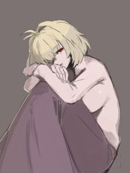  1girl antenna_hair arcueid_brunestud arms_on_knees blonde_hair breasts grey_background hand_on_own_arm highres invisible_floor jonyeld knees_up large_breasts long_skirt long_sleeves looking_at_viewer medium_hair on_floor one_eye_covered red_eyes shirt skirt solo tagme tsukihime turtleneck white_shirt 