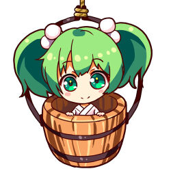  1girl bucket chibi chibi_only closed_mouth commentary green_eyes green_hair hair_bobbles hair_ornament in_bucket in_container japanese_clothes kimono kisume lowres medium_hair one-hour_drawing_challenge renren_(ah_renren) simple_background smile solo touhou twintails white_background white_kimono 
