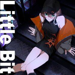  1girl absurdres alternate_costume asu_(sinsekai) bare_legs boots brown_hair cape dress expressionless green_eyes grey_jacket hair_between_eyes halter_dress halterneck highres jacket jacket_partially_removed kamitsubaki_studio knee_boots knees_together_feet_apart looking_at_viewer mandarin_collar matsuhago multicolored_hair nail_polish official_art orange_nails second-party_source short_dress short_hair sidelocks sinsekai_record sitting sleeveless sleeveless_dress star_(symbol) star_print streaked_hair two-sided_fabric white_hair white_streaks 
