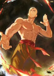  1boy aang aang_(adult) abs aerokinesis arrow_(symbol) arrow_tattoo avatar_aang:_the_last_airbender avatar_legends bald blue_tattoo commentary element_bending english_commentary forehead_tattoo head_tattoo highres male_focus muscular muscular_male snvvvo solo tattoo topless_male wind 