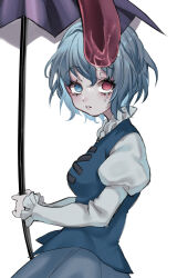  aqua_eyes aqua_hair aqua_vest from_side heterochromia highres long_hair looking_at_viewer medium_hair neon_(co2co8) purple_umbrella shirt tatara_kogasa tongue touhou umbrella upper_body vest white_shirt 