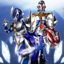  3boys alien arm_guards armor beard belt belt_buckle blue_background blue_gem blue_skin breastplate buckle collarbone color_timer colored_skin commentary compound_eyes crest cropped_torso crown crystal_shards curled_fingers dorsal_fin facial_hair forehead_jewel gem giant giant_male glowing glowing_eyes gold_armor hand_up hanejidyna86 highres hunter_knight_tsurugi king knight_brace looking_at_viewer male_focus multicolored_skin multiple_boys no_pupils pectorals pointy_ears purple_skin red_eyes red_gem red_skin shards shoulder_armor silver_skin studded_armor studs tokusatsu toned toned_male twitter_username two-tone_skin ultra_series ultraman_hikari ultraman_king ultraman_mebius_(series) upper_body white_eyes wrinkled_skin zoffy_(ultra_series) 