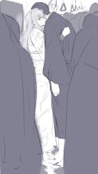  1boy 1girl blush commentary_request gakuen_idolmaster greyscale hand_grip hetero highres holding_hand_grip hug idolmaster japanese_clothes kasasagi_(futagodori888) kimono leaning_on_person long_hair mole mole_under_eye monochrome people producer_(idolmaster) profile shiun_sumika straight_hair sweatdrop train_interior yukata 