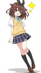  1girl :d aqua_necktie black_hairband black_socks blue_skirt blush bow_hairband brown_eyes brown_hair brown_shoes collared_shirt commentary_request dot_nose full_body hairband highres kneehighs kotatsu-mazoku loafers looking_at_viewer miniskirt necktie open_mouth original plaid_clothes plaid_skirt pleated_skirt school_uniform shirt shoes short_hair short_sleeves simple_background skirt smile socks solo sparkle standing striped_clothes striped_necktie sweater_vest white_background white_shirt yellow_sweater_vest 