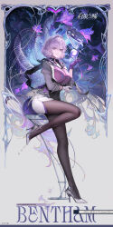  1girl absurdres bentham_(silver_palace) black_pantyhose bone evil_grin evil_smile flower gloves grin high_heels highres jacket light_smile official_art pantyhose purple_gloves purple_hair silver_palace sitting smile snake solo violet_eyes white_gloves 