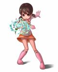  1girl bangs brown_eyes brown_hair child magic magical_girl mecha minamoto_shizuka orange_skirt ranma_(kamenrideroz) short_twintails simple_background skirt solo star tied_hair twintails white_background 