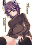  1girl black_legwear blush breasts eyepatch haruta_(806060) kantai_collection looking_at_viewer no_pants open_mouth panties pantyshot pantyshot_(sitting) purple_hair ribbed_sweater short_hair sitting solo sweater tenryuu_(kantai_collection) thigh-highs translation_request turtleneck underwear yellow_eyes 