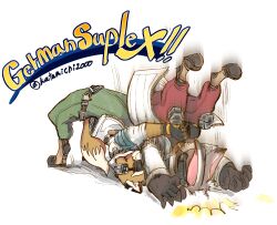  2boys absurdres animal_ears artist_name brown_fur commentary_request english_text fox_boy fox_ears fox_tail furry furry_male german_suplex highres james_mccloud katamichi_miharu male_focus multiple_boys peppy_hare rabbit_boy rabbit_ears star_fox star_fox_(2026) suplex tail twitter_username white_background 