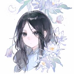  1girl black_hair blue_shirt braid chaobenyuannai chinese_clothes chinese_commentary closed_mouth commentary_request cropped_shoulders earrings expressionless eyes_visible_through_hair feng_baobao flower glint jewelry long_hair shirt side_braid single_braid solo white_background white_flower yiren_zhixia 