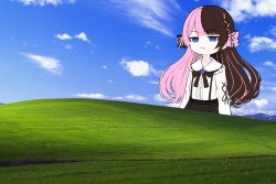  1girl :/ black_skirt bliss_(image) blue_eyes blue_sky bow bowtie brown_bow brown_bowtie brown_hair closed_mouth clouds cloudy_sky commentary_request field frown highres hill looking_at_viewer microsoft_windows multicolored_hair pink_hair sao_mono shirt skirt sky solo split-color_hair suspender_skirt suspenders tachibana_hinano tachibana_hinano_(1st_costume) virtual_youtuber vspo! white_shirt windows_xp 