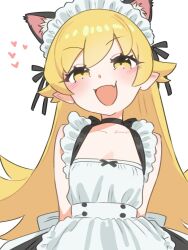  1girl :d animal_ears apron arms_behind_back back_bow bare_arms bare_shoulders black_bow black_ribbon black_skirt blonde_hair blush bow cat_ears collarbone commentary extra_ears fang flipped_hair frilled_straps hair_between_eyes hair_flaps hair_ribbon heart highres long_hair looking_at_viewer maid maid_apron maid_headdress monogatari_(series) open_mouth oshino_shinobu pointy_ears ribbon sanpaku sidelocks simple_background skin_fang skirt smile solo upper_body very_long_hair waist_bow white_background white_bow white_headdress xxskreamlo87809 yellow_eyes 