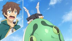  1boy 1girl animal armor armored_boots black_skirt blue_sky boots brown_hair cannibalism cape clouds darkness_(konosuba) day game_asset giant_snake green_cape green_snake highres kono_subarashii_sekai_ni_shukufuku_wo! kono_subarashii_sekai_ni_shukufuku_wo!_kono_yokubukai_game_ni_shinpan_o! lens_flare looking_ahead non-web_source official_art open_mouth outdoors oversized_animal satou_kazuma self-datamine shirt short_hair skirt sky snake surprised upper_body upside-down v-shaped_eyebrows white_shirt wide-eyed yellow_armor 