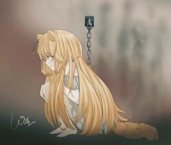  1girl alternate_eye_color animal_ears bare_shoulders barefoot blurry blurry_background brown_dress brown_eyes brown_hair chain chained child chinese_commentary closed_mouth collar commentary_request crying crying_with_eyes_open dress empty_eyes from_side full_body long_hair medium_dress messy_hair metal_collar off-shoulder_dress off_shoulder raccoon_ears raccoon_girl raccoon_tail raphtalia short_sleeves signature smile solo squatting tail tanuki tate_no_yuusha_no_nariagari tears very_long_hair watermark yuxxue 