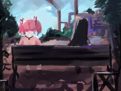  2girls akemi_homura bench black_hair brown_vest camodra commentary_request faux_traditional_media fence from_behind hair_ribbon highres iron_fence kaname_madoka long_hair mahou_shoujo_madoka_magica mahou_shoujo_madoka_magica_(anime) mitakihara_school_uniform multiple_girls on_bench outdoors park park_bench pink_hair red_ribbon ribbon school_uniform shirt short_twintails sitting twintails vest watercolor_effect white_shirt 