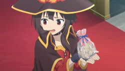  1girl averting_eyes bag black_choker black_gloves brown_cape brown_hair brown_hat candy cape chocolate choker collarbone collared_cape dress fingerless_gloves flat_chest food from_side game_asset gift_bag giving gloves hat heart heart-shaped_chocolate heart-shaped_food highres holding holding_bag indoors kono_subarashii_sekai_ni_shukufuku_wo! kono_subarashii_sekai_ni_shukufuku_wo!_kono_yokubukai_game_ni_shinpan_o! long_sleeves looking_down megumin non-web_source official_art open_mouth red_carpet red_dress red_eyes self-datamine short_hair_with_long_locks solo standing star-shaped_chocolate upper_body witch_hat 