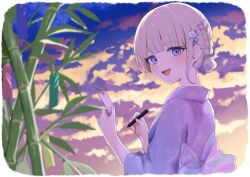  1girl :d alternate_costume blonde_hair floral_print floral_print_kimono flower hair_flower hair_ornament hairclip highres holding holding_pen holding_tanzaku hololive hololive_dev_is japanese_clothes kimono looking_at_viewer multicolored_hair open_mouth parallel_hairclips pen print_kimono purple_hair purple_kimono shirakabamoga short_hair smile solo streaked_hair tanzaku todoroki_hajime violet_eyes 