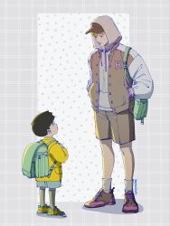  2boys aged_down backpack bag behindxa brown_jacket brown_shoes brown_shorts child green_socks grey_hoodie grey_socks hands_in_pockets height_difference highres hood hoodie jacket jacket_over_hoodie kageyama_shigeo kneehighs letterman_jacket male_focus mob_psycho_100 multiple_boys randoseru reigen_arataka shoes shorts signature socks untied_shoelaces yellow_jacket 