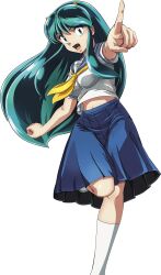  1girl blue_eyes blue_eyeshadow blue_hair cone_horns eyeshadow highres horns leg_up long_hair lum makeup midriff_peek navel official_art open_mouth pleated_skirt pointing school_uniform serafuku skirt small_horns socks solo striped_horns transparent_background urusei_yatsura white_socks yellow_horns 