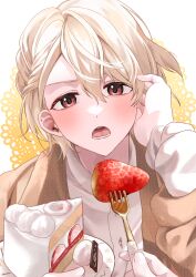  1boy blonde_hair blush brown_jacket cake cake_slice commentary_request fed_by_viewer feeding food fork fruit hair_between_eyes highres holding holding_fork holding_plate idolish7 jacket long_sleeves looking_at_viewer male_focus natsume_minami open_mouth plate pov pov_hands red_eyes shirt short_hair solo_focus strawberry uparupya upper_body white_shirt 