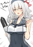  1girl bare_shoulders beret body_mahattaya_ginga breasts cosplay covered_navel crop_top emphasis_lines female grey_eyes hat kantai_collection kashima_(kantai_collection) large_breasts looking_at_viewer open_mouth ro-500_(kantai_collection) ro-500_(kantai_collection)_(cosplay) sailor_collar school_swimsuit silver_hair solo swimsuit swimsuit_under_clothes torpedo twintails upper_body wavy_hair 