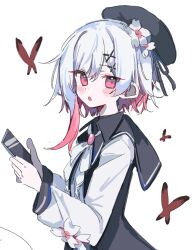  1girl beret black_choker black_coat black_hat blush_stickers bug butterfly choker coat collared_coat commentary_request flower flower-trimmed_sleeves gradient_hair hair_flower hair_ornament hat hat_flower hat_ribbon holding holding_tablet_pc long_sleeves looking_at_viewer mahou_shoujo_no_majo_saiban multicolored_hair neck_ribbon pink_eyes pink_hair red_butterfly ribbon sakuraba_ema shirt short_hair simple_background sleeveless sleeveless_coat solo tablet_pc upper_body white_background white_flower white_hair white_ribbon white_shirt white_sleeves x_hair_ornament youbi_(0ver_sd) 
