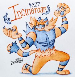  arm_up artist_name claws closed_mouth commentary dated english_commentary fang fire full_body highres incineroar limited_palette on_one_knee pokedex_number pokemon pokemon_(creature) pokemon_focus solo traditional_media white_background zerokirbyarts 