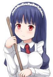  1girl alice_(ragnarok_online) blue_dress blue_hair blunt_bangs blush breasts broom closed_mouth collared_dress commentary_request dress haty holding holding_broom long_hair long_sleeves looking_at_viewer maid maid_headdress medium_breasts necktie ragnarok_online red_eyes red_necktie simple_background smile solo upper_body white_background 