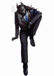  1girl animal_ears black_sclera black_shoes black_suit blue_necktie chain colored_sclera commentary_request distortion_(project_moon) full_body furry furry_female highres knee_up library_of_ruina long_hair long_sleeves looking_at_viewer necktie project_moon rainbowmisosoup shoes simple_background smoke smoking_pipe solo suit tanya_(project_moon) white_background wolf_ears wolf_girl yellow_eyes 