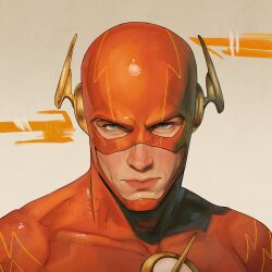  1boy absurdres blue_eyes bodysuit dc_comics highres keanurye lightning_bolt_symbol looking_at_viewer male_focus mask multicolored_bodysuit red_bodysuit simple_background solo superhero_costume the_flash the_flash_(series) two-tone_bodysuit upper_body yellow_bodysuit yellow_light 