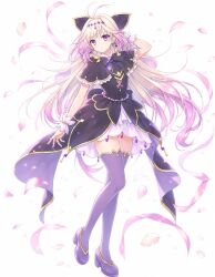  1girl black_dress blonde_hair cure_arcana_shadow dress falling_petals full_body highres long_hair looking_at_viewer magical_girl meitantei_precure! moria_luluka petals precure red_eyes shoes solo standing thigh-highs white_background yamamoto_kazue 